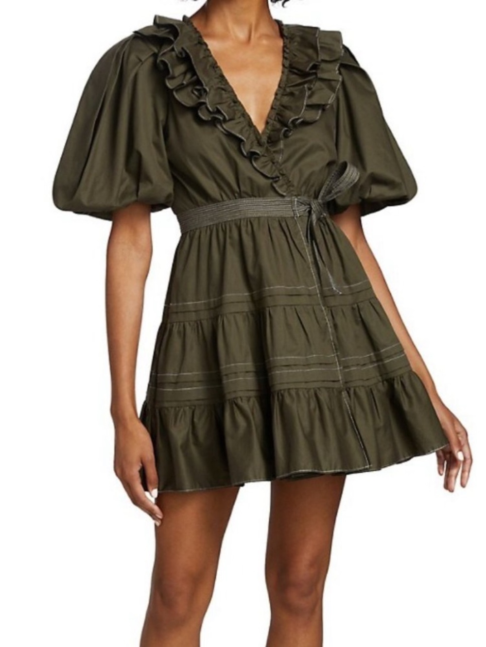 EN SAISON Gianna Olive Puff Sleeve Wrap Style Tiered Ruffle Mini Dress Small